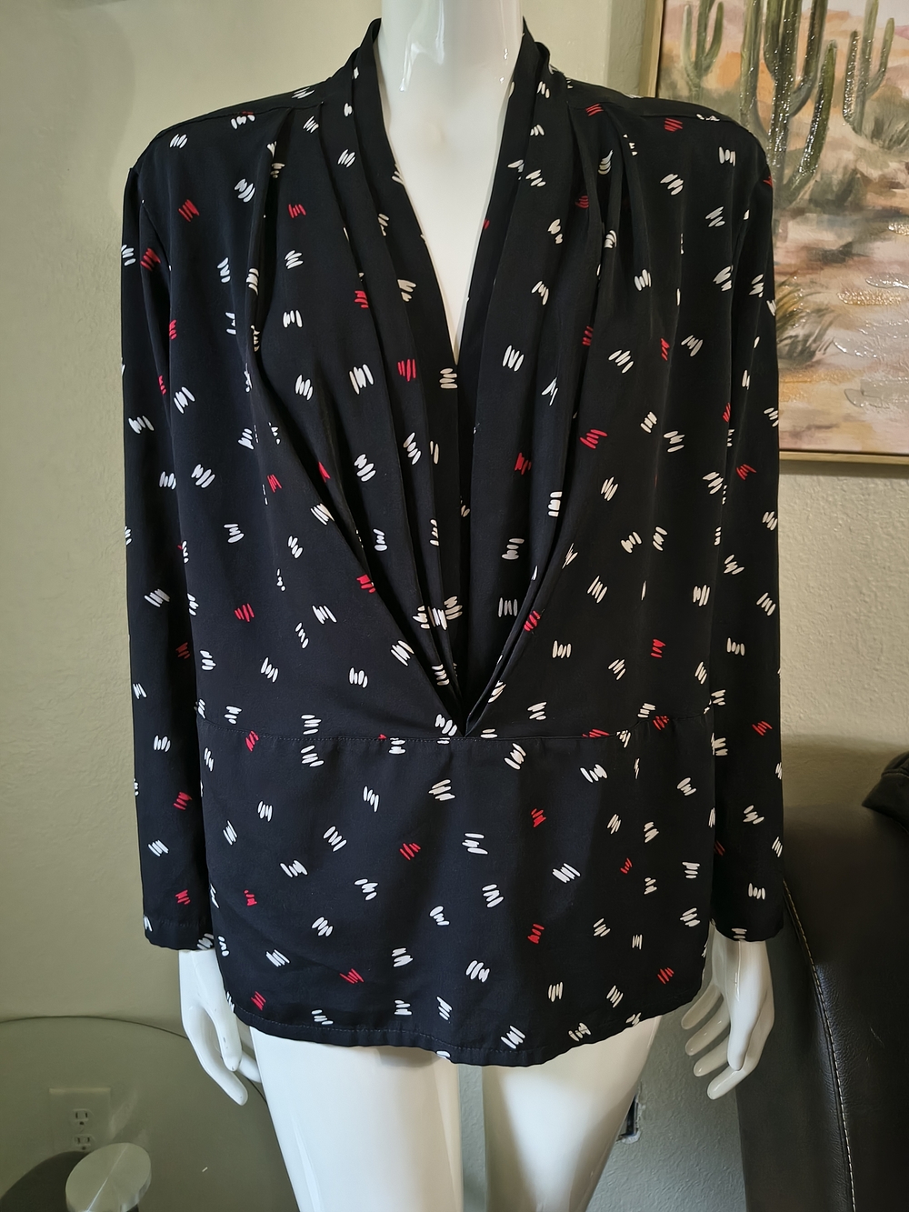 Vintage 90s Abstract Dash Print Surplice V-Neck Blouse - Black Red White